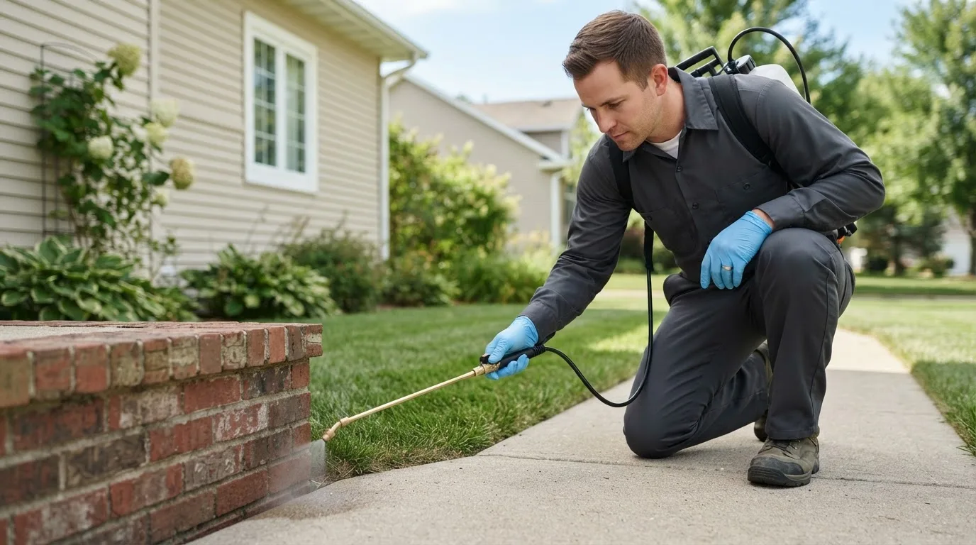 Pest control technician treating a home near Abbott, TX